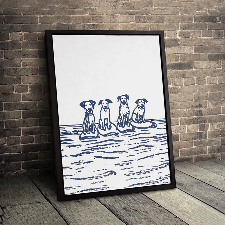 Dog Surfing Wall Art | Linocut Style Four Dogs Print | Premium Gallery Wrapped Canvas | Coastal Home Decor Gift for Dog Lovers