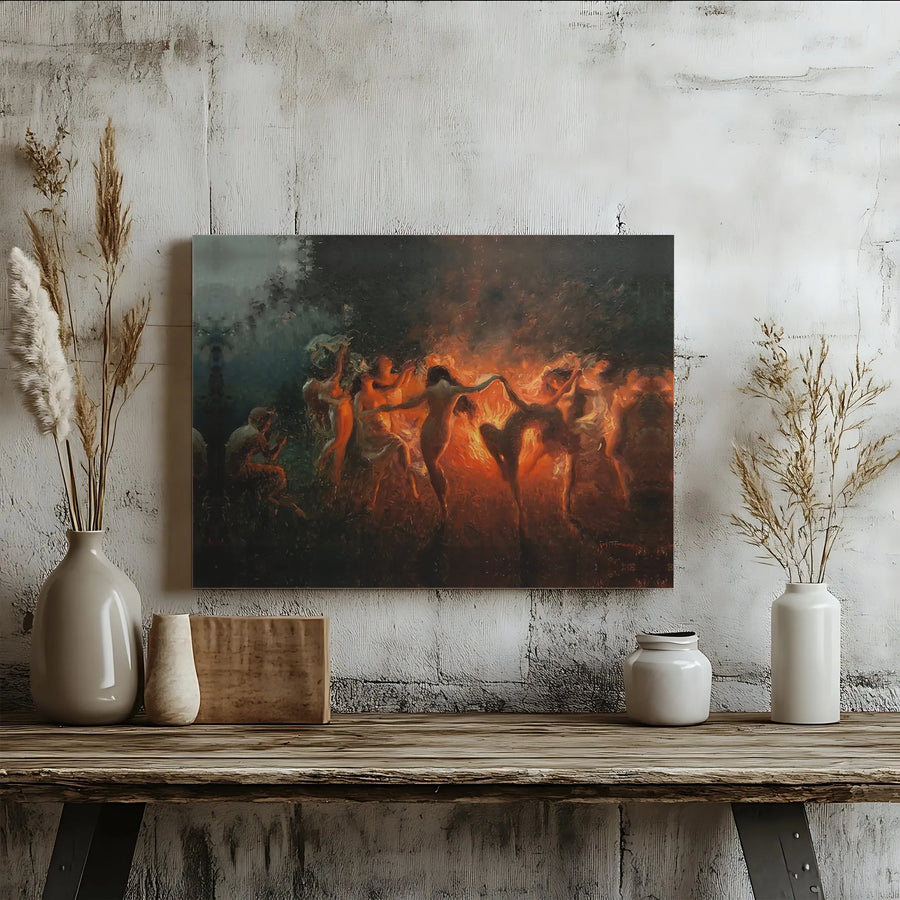 Witches Dancing Around Bonfire Canvas Print | Dark Fantasy Sabbath Wall Art | Premium Gallery Wrap Decor | Occult Aesthetic Home Gift
