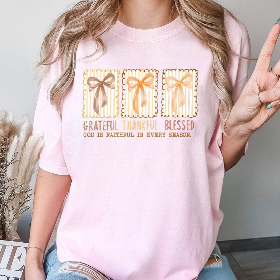 Grateful Thankful Blessed T-Shirt | Christian Coquette Bow Graphic | Premium Cotton Unisex Tee | Fall Faith-Based Thanksgiving Gift