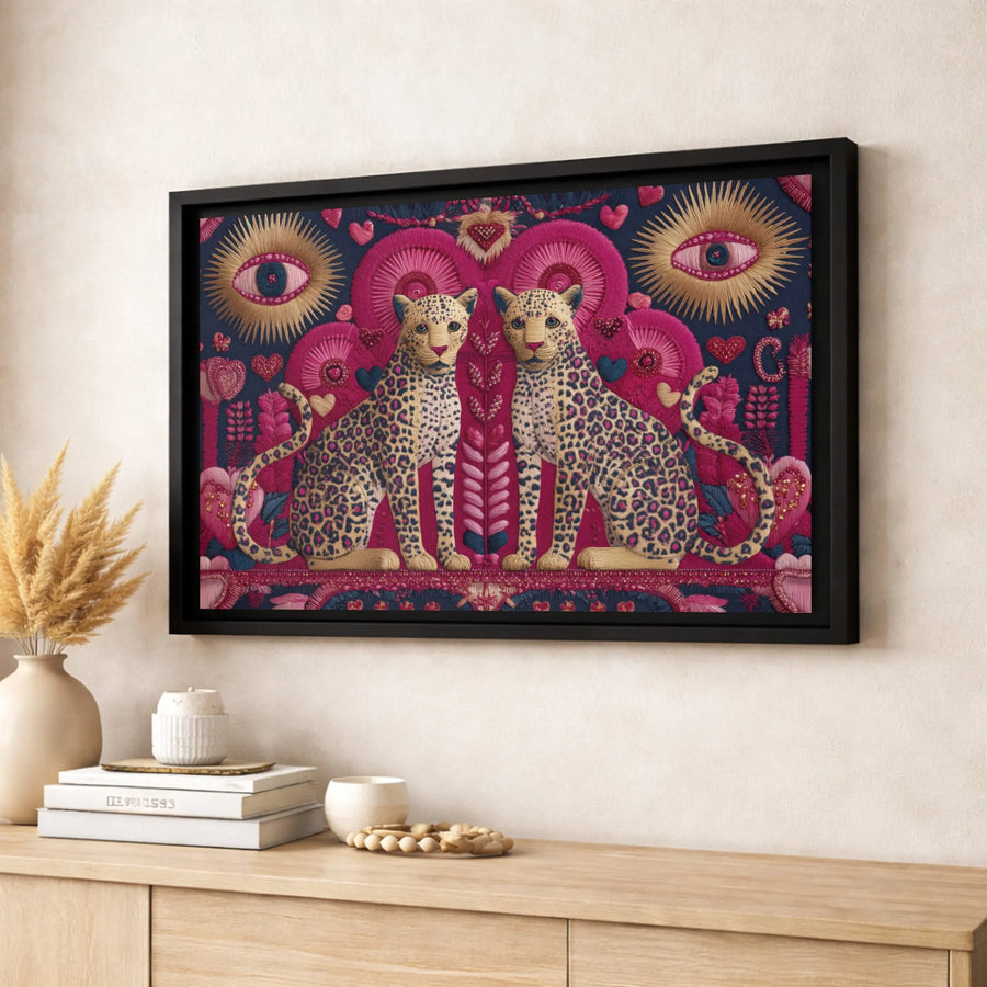 Twin Cheetah Leopard Canvas Art | Bohemian Folk Art Embroidery Style | Gallery-Wrapped Premium Print | Whimsical Animal Wall Decor for Home