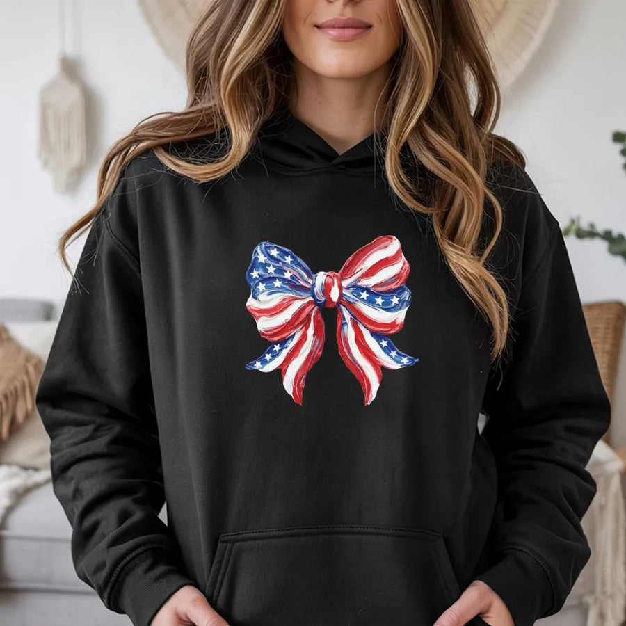 American Flag Bow Hoodie | Coquette Patriotic Graphic Pullover | Soft Unisex Crewneck | 4th of July Independence Day Gift for Her