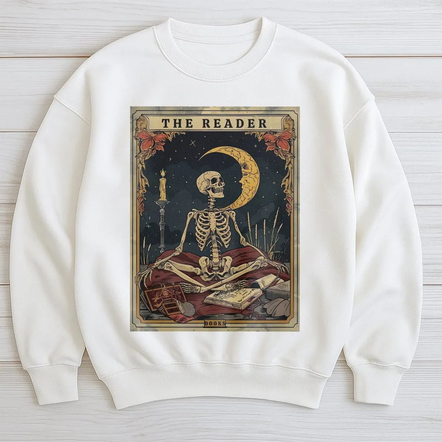 The Reader Tarot Card Shirt | Vintage Skeleton Reading Book Graphic | Premium Comfort Colors Tee | Gift for Book Lovers and Librarians