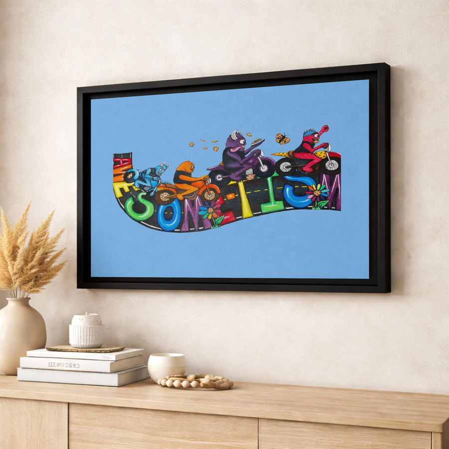 Monster Motorcycle Wall Art | Colorful Cartoon Biker Creatures Canvas | Premium Gallery-Wrapped Print | Whimsical Home Decor Gift