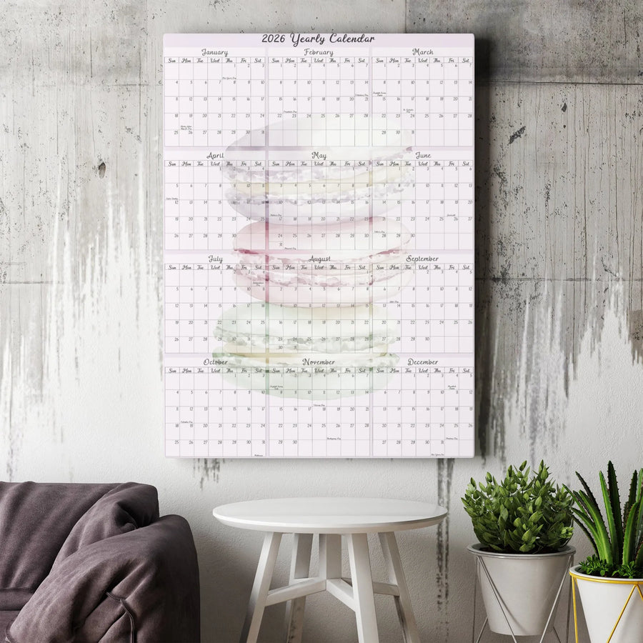 2026 Yearly Calendar Wall Art | Watercolor Macaron Pastry Print | Premium Gallery Wrapped Canvas | Kitchen Decor & Office Planner Gift
