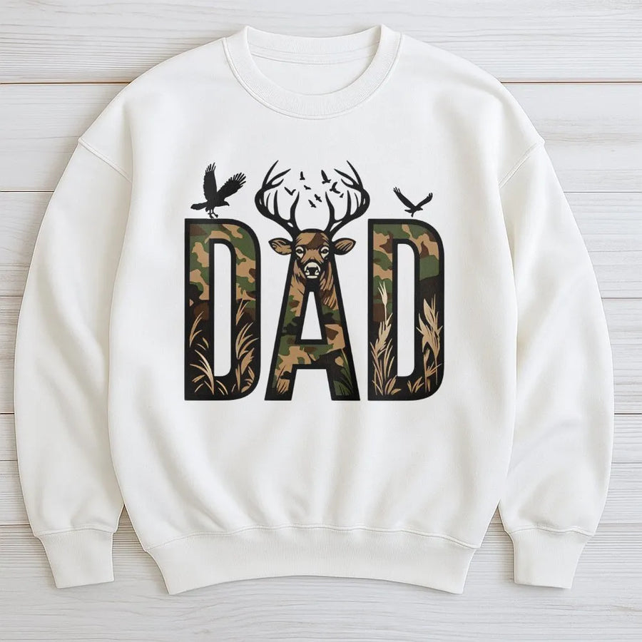 Hunting Dad Sweatshirt | Camo Deer Graphic Tee for Outdoorsman | Premium Cotton Shirt | Unique Father's Day Gift for Hunter