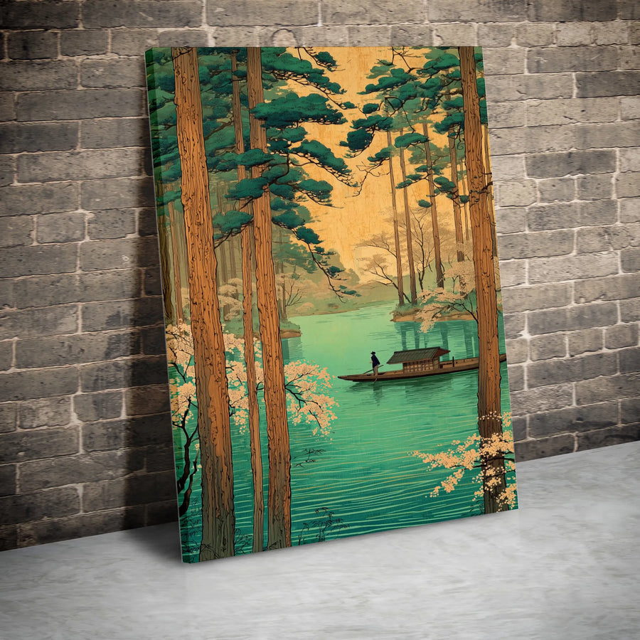 Japanese Ukiyo-e Style Vertical Canvas | Traditional Woodblock River Scene | Premium Gallery Wrap Canvas | Zen Wall Art Gift for Home Decor