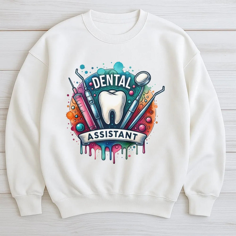 Dental Assistant Sweatshirt | Colorful Tooth & Tools Graphic Design | Premium Cotton Blend | Graduation Gift for Dental Hygienist or Assistant