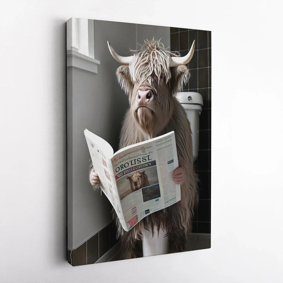 Highland Cow Wall Art | Funny Toilet Reading Newspaper Print | Premium Gallery Wrapped Canvas | Bathroom Decor Gift for Farmhouse Lovers