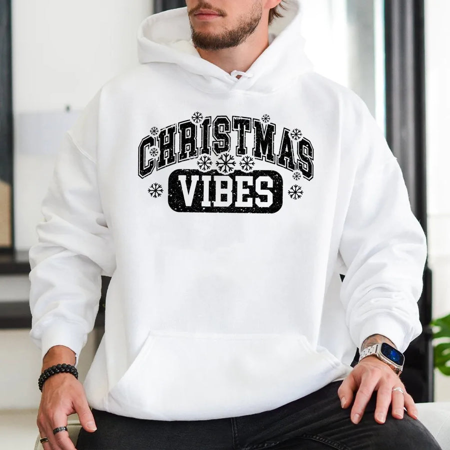Christmas Vibes Hoodie | Retro Varsity Text With Snowflakes | Premium Cotton Blend | Cozy Holiday Gift For Her
