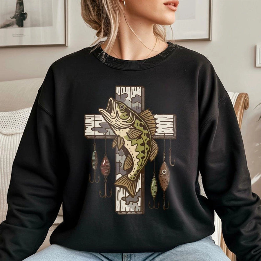 Fishing Cross Sweatshirt | Faith and Fish Camo Graphic | Premium Cotton Blend | Christian Fisherman Gift for Men and Women