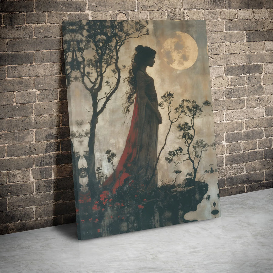 Gothic Woman Canvas Print | Moody Moonlit Landscape Wall Art | Premium Gallery Wrapped Decor | Ethereal Fantasy Gift for Her