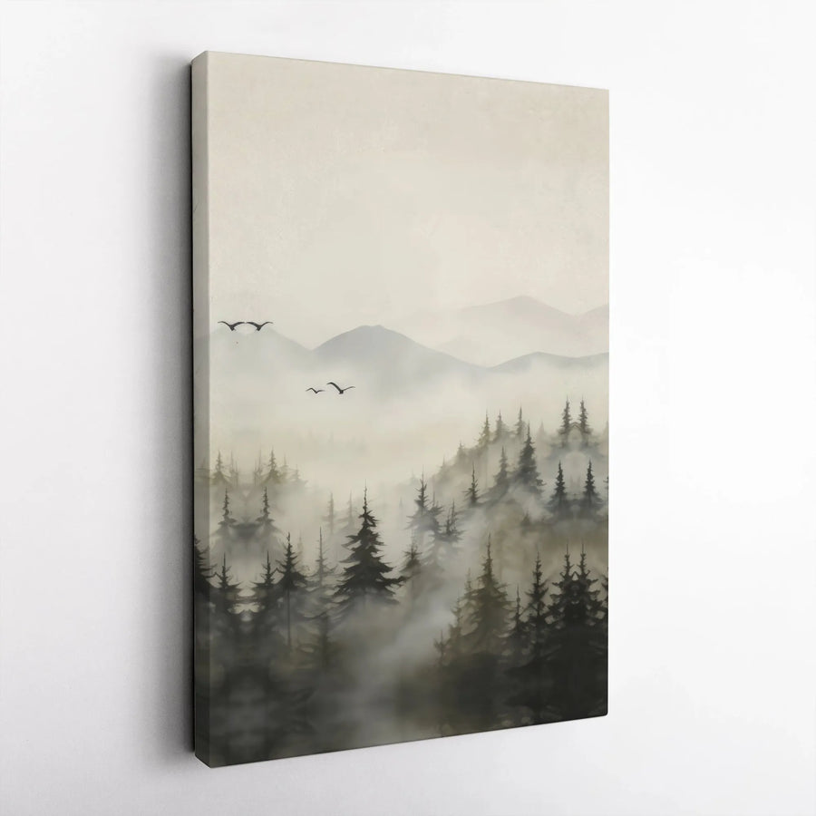 Misty Mountain Forest Canvas Wall Art | Watercolor Pine Tree Landscape | Premium Gallery Wrap Print | Modern Nature Decor for Living Room
