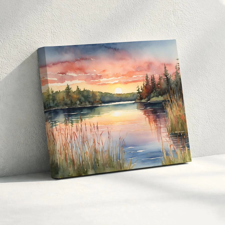 Watercolor Lake Sunset Wall Art | Forest Landscape Nature Print | Premium 1.25" Gallery Canvas | Peaceful Home Decor Gift