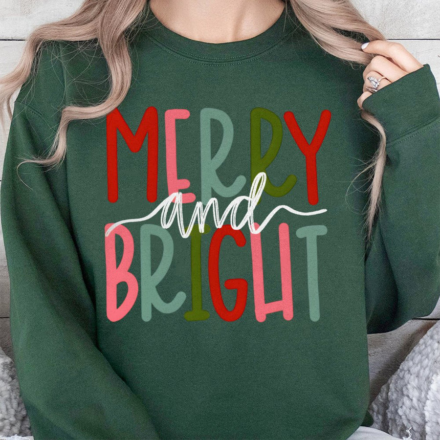 Merry and Bright Sweatshirt | Retro Christmas Lettering Graphic | Soft Cotton-Poly Blend | Festive Holiday Gift for Women and Family