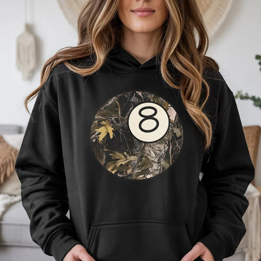 Camo 8 Ball Hoodie | Retro Billiards Pool Player Graphic | Premium Cotton Blend | Unisex Streetwear Gift for Him and Her