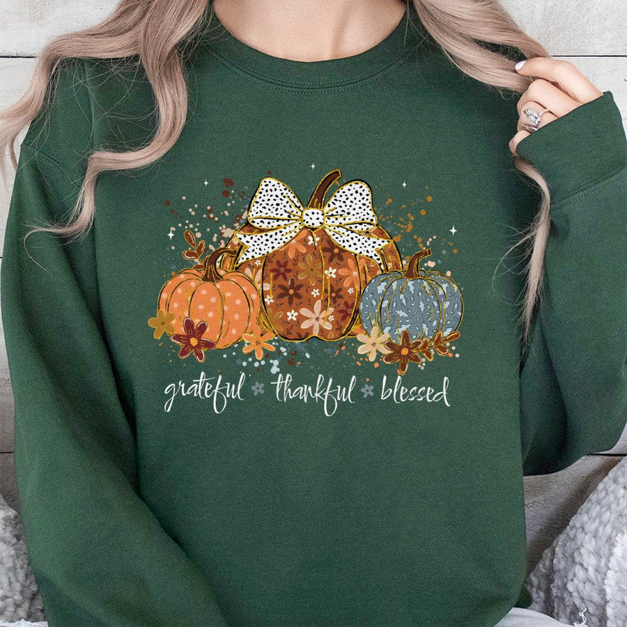 Grateful Thankful Blessed Pumpkin Sweatshirt | Fall Floral Pumpkin Graphic | Premium Cotton Blend | Cozy Thanksgiving Gift for Women