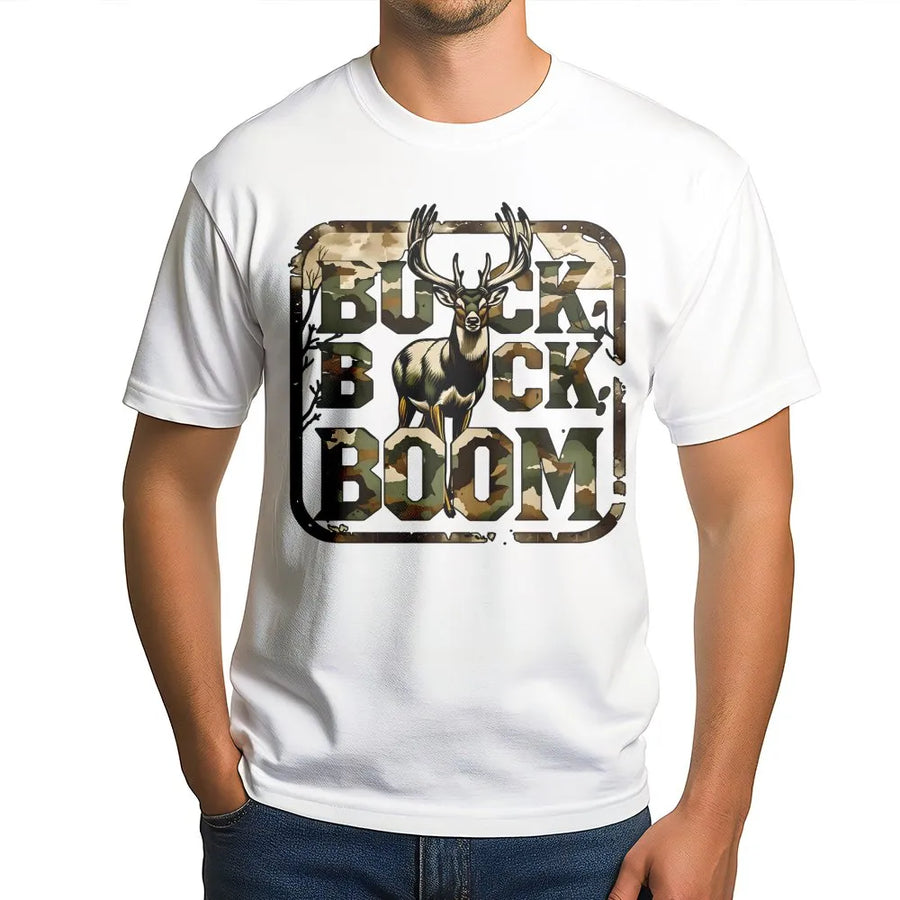 Buck Boom Hunting T-Shirt | Rustic Deer Antler Camo Graphic | Premium Cotton Unisex Tee | Gift for Deer Hunter and Outdoorsman