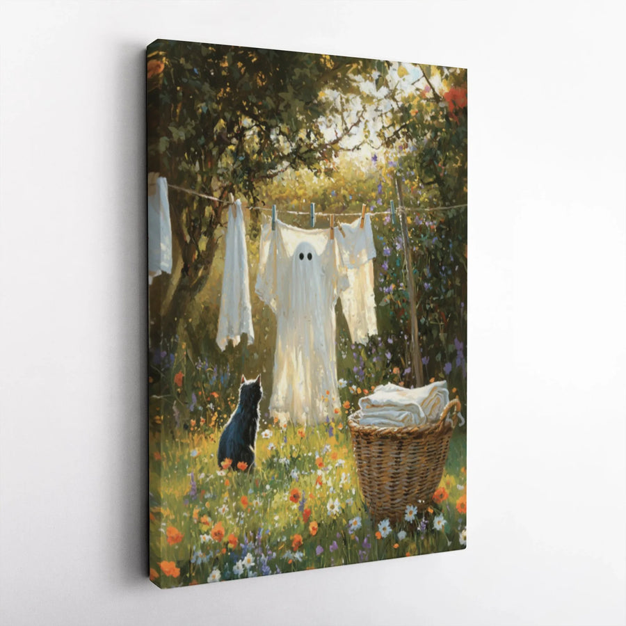 Ghost on Clothesline Wall Art | Whimsical Cottagecore Black Cat Print | Premium Gallery Wrap Canvas | Spooky Cute Home Decor Gift