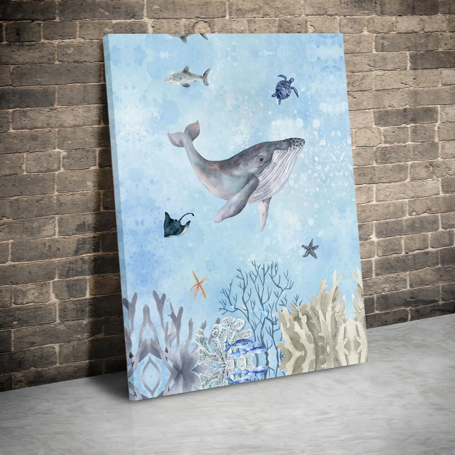 Watercolor Ocean Canvas Wall Art | Whale Sea Turtle Shark Coral Reef Print | Premium Gallery Wrap Decor | Nursery & Coastal Home Gift
