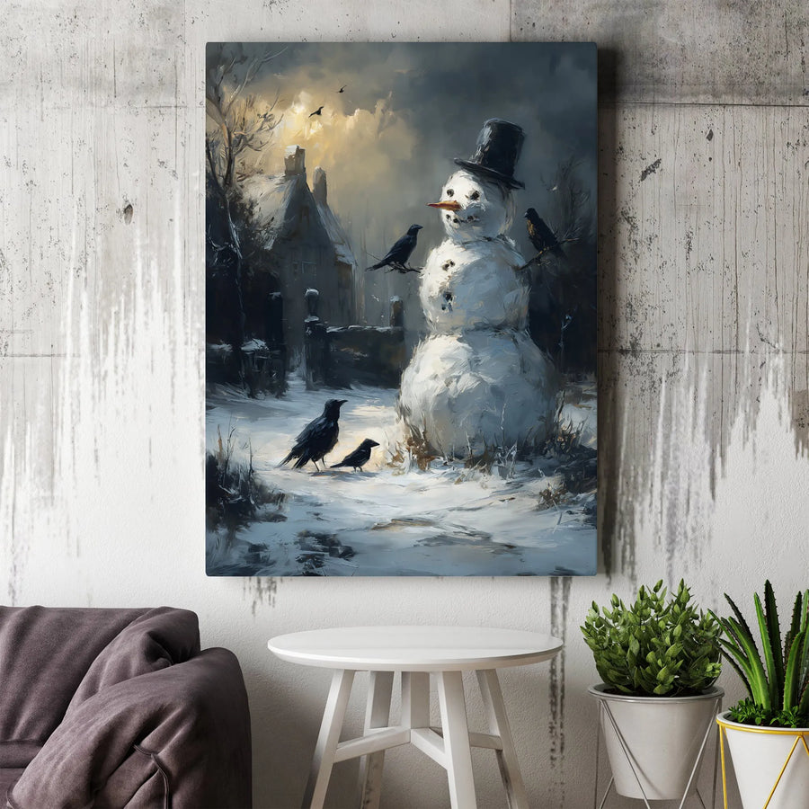 Snowman Canvas Wall Art | Dark Winter Cottage Scene with Crows | Premium Gallery Wrap Decor | Moody Christmas Holiday Gift for Home
