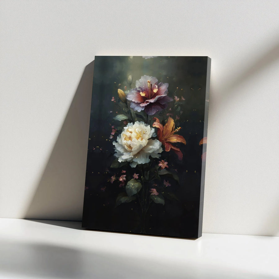 Dark Floral Canvas Print | Vintage Peony & Lily Painting | Premium Gallery Wrapped Canvas | Moody Botanical Home Decor Gift