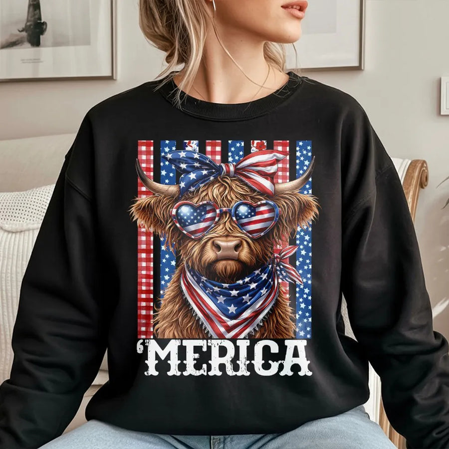 Highland Cow 4th of July Sweatshirt | Funny Merica Cow with Flag Glasses | Soft Cotton Tee | Independence Day Patriotic Gift for Men Women