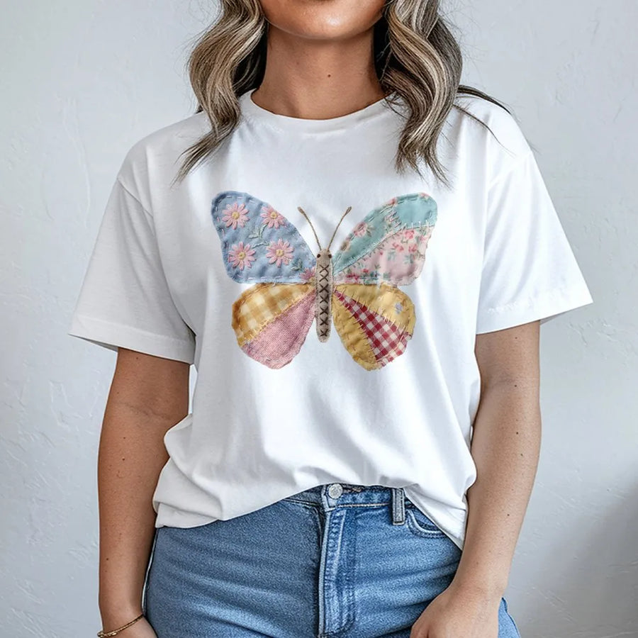 Patchwork Butterfly T-Shirt | Faux Quilt Style Graphic Tee | Soft Cotton Shirt | Cottagecore Spring Gift for Women