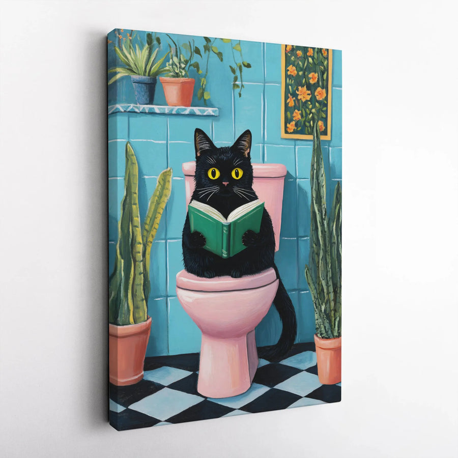 Black Cat Reading Book On Toilet Canvas | Whimsical Bathroom Wall Art | Premium 1.25" Gallery Wrap | Funny Cat Lover Home Decor Gift