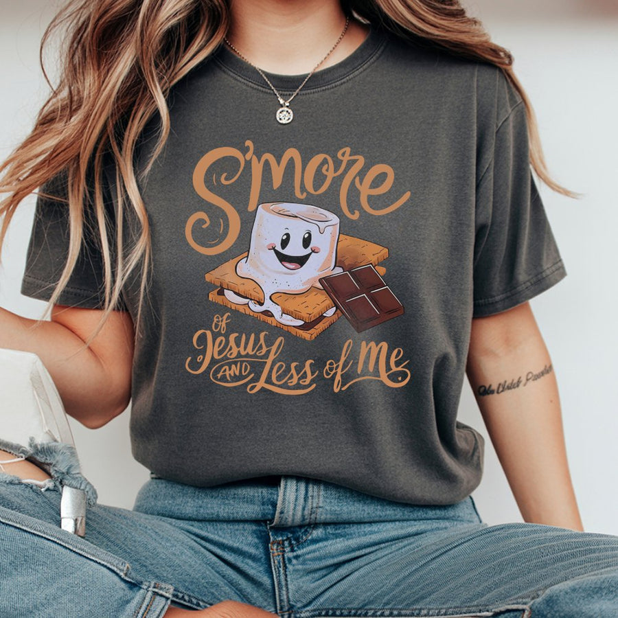 S'more of Jesus and Less of Me T-Shirt | Funny Christian Graphic Tee | Premium 100% Cotton Soft Shirt | Religious Faith Gift for Women and Men