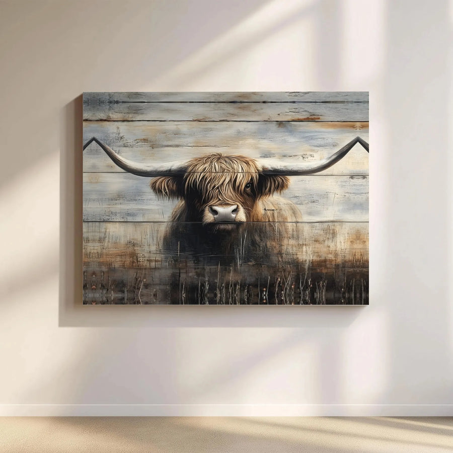 Highland Cow Canvas Wall Art | Rustic Farmhouse Portrait on Distressed Wood | Premium Gallery Wrap Print | Farmhouse Decor Gift for Animal Lovers