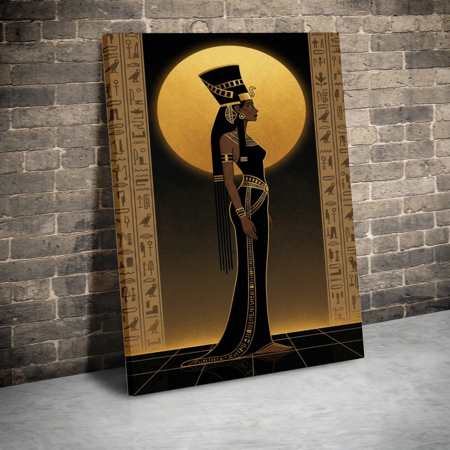 Egyptian Queen Vertical Canvas | Modern Nefertiti Graphic Art with Hieroglyphics | Premium Gallery Wrap | Collector's Gift for Egyptology Fans