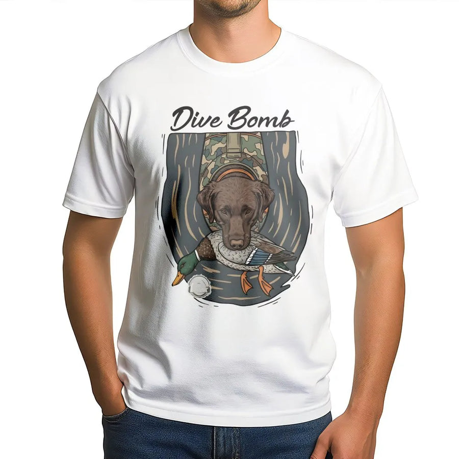 Chocolate Lab Hunting T-Shirt | Duck Retriever Dive Bomb Graphic | Premium 100% Cotton Tee | Gift for Waterfowl Hunters