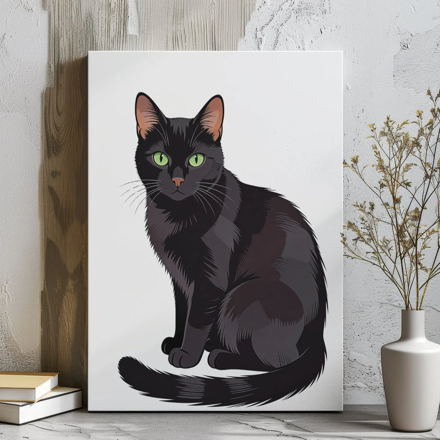 Black Cat Canvas Wall Art | Minimalist Sitting Kitten Illustration | Gallery Wrapped Premium Decor | Gift for Cat Lovers and Pet Owners
