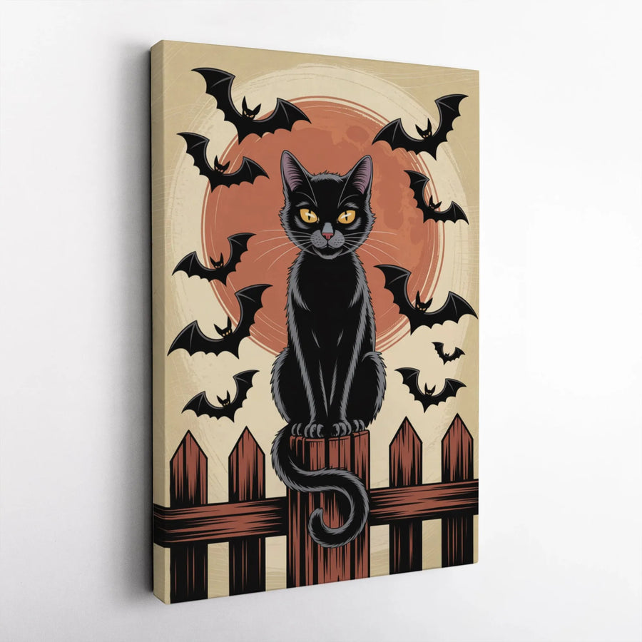 Black Cat Halloween Canvas Wall Art | Vintage Moon & Bats Illustration | Premium Gallery Wrap Canvas | Spooky Home Decor Gift for Cat Lovers