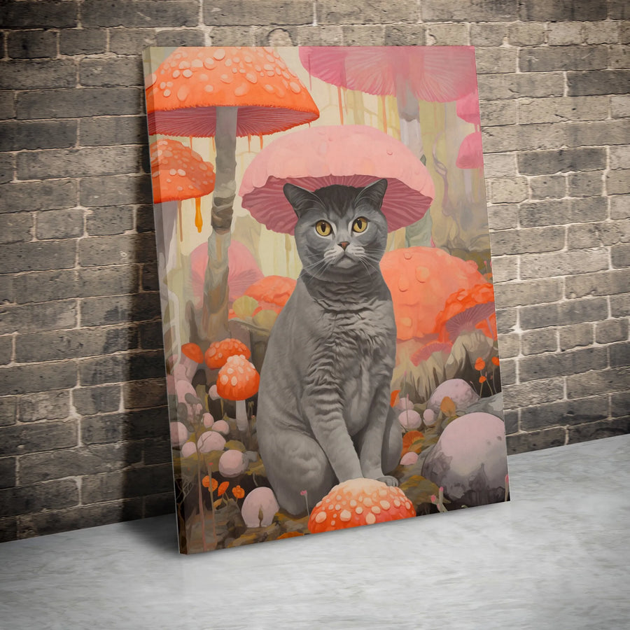 Cat Mushroom Forest Canvas Wall Art | Whimsical Grey Kitty Portrait | Premium Fade-Resistant Gallery Wrap | Aesthetic Home Decor Gift for Cat Lovers