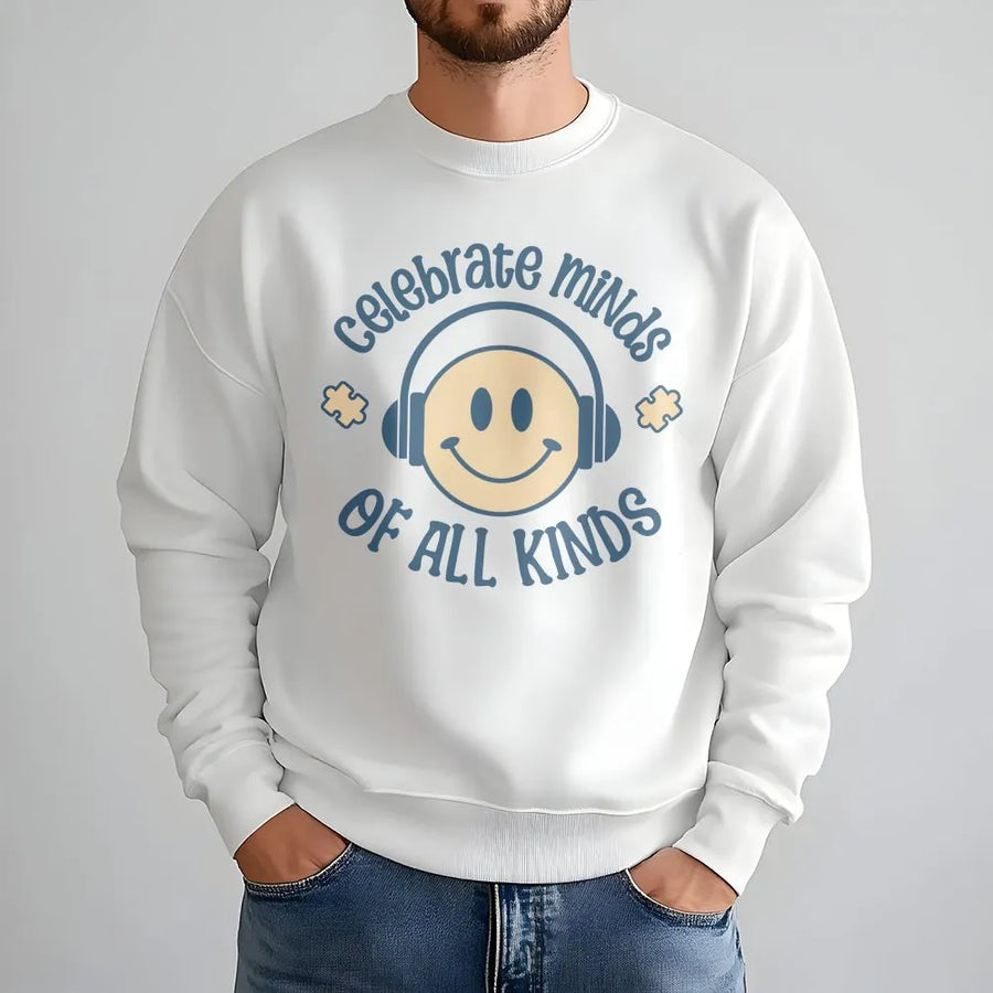 Autism Acceptance Sweatshirt | Celebrate Minds Of All Kinds Graphic | Soft Cotton Blend Crewneck | Neurodiversity Awareness Gift For Teachers