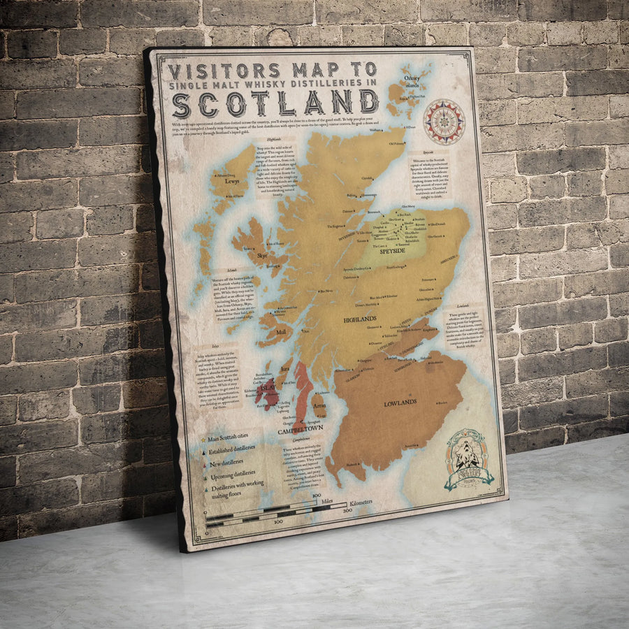 Scotland Whisky Distillery Map Canvas | Detailed Single Malt Region Guide | Premium Gallery Wrap Wall Art | Perfect Gift For Scotch Lovers