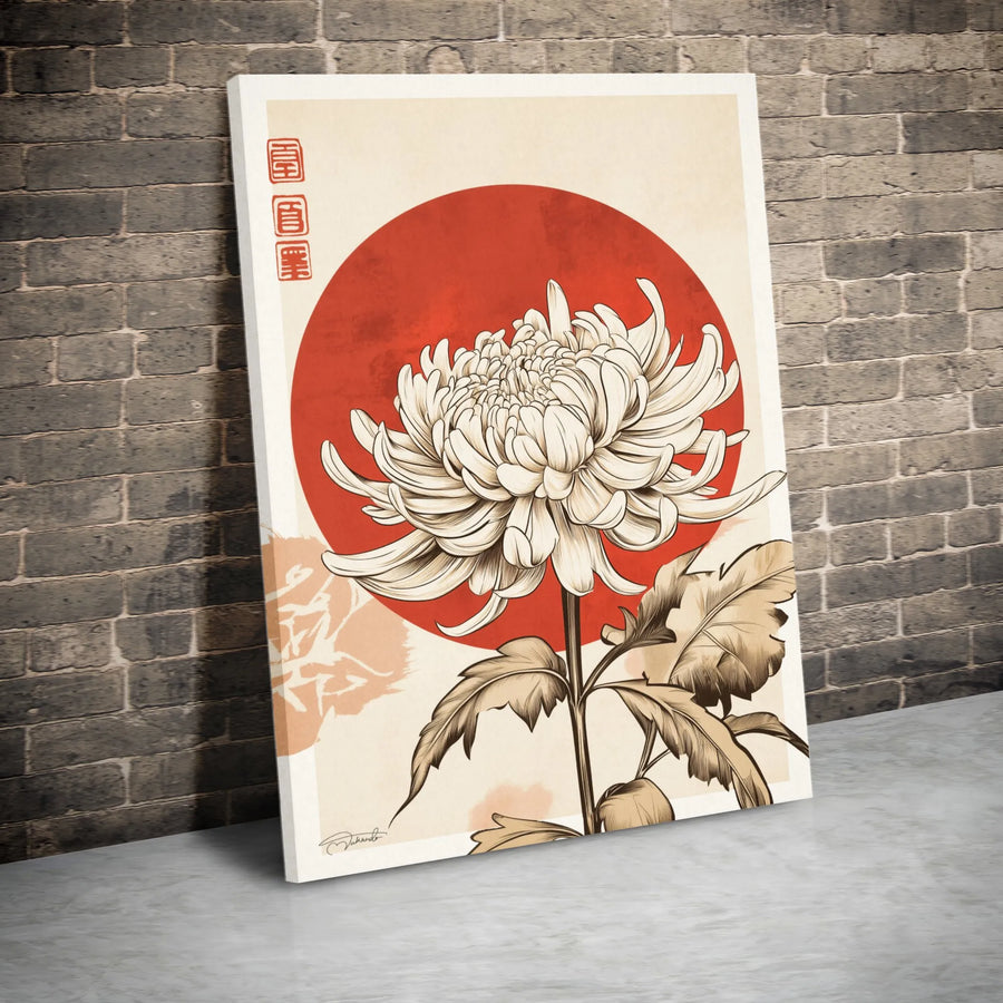 Japanese Chrysanthemum Canvas Art | Minimalist Red Sun Floral Wall Decor | Premium Gallery Wrap Print | Zen Asian Home Office Gift