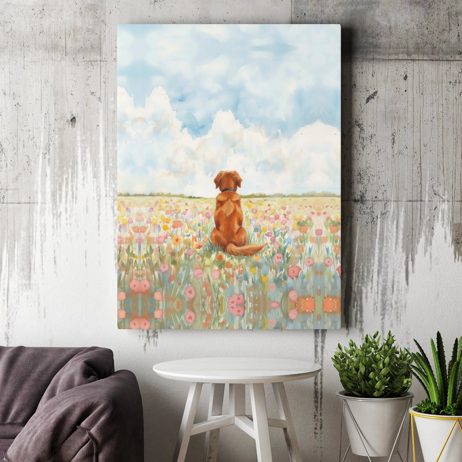 Golden Retriever Canvas Wall Art | Watercolor Wildflower Meadow Portrait | Premium Gallery Wrap Print | Dog Lover Home Decor Gift