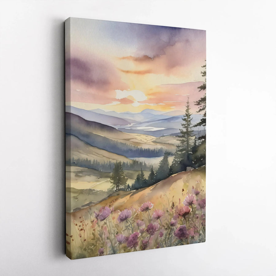 Watercolor Mountain Canvas Wall Art | Scenic Sunrise Over Wildflower Meadow | Thick Gallery Wrapped Canvas | Premium Gift for Home Decor