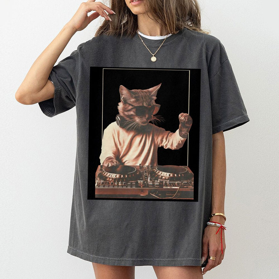 DJ Cat T-Shirt | Funny Music Producer Graphic Tee | 100% Cotton Premium Gift | Cat Lover & EDM Festival Outfit