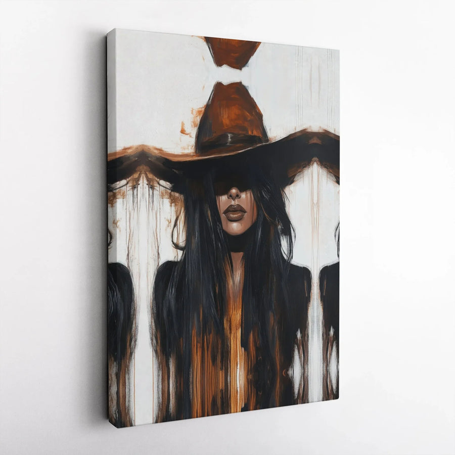 Abstract Woman Wall Art | Mysterious Wide-Brimmed Hat Portrait | Gallery-Quality Canvas Print | Modern Boho Home Decor For Living Room
