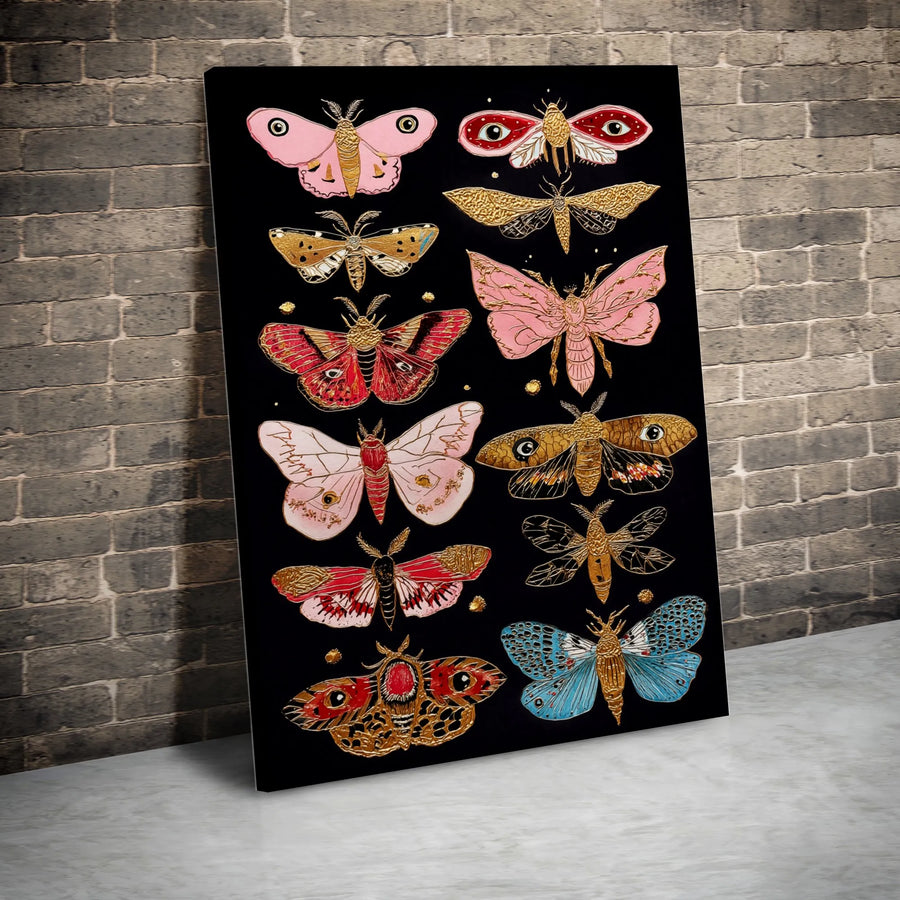 Moth Collection Canvas Art | Gothic Illustration with Gold Detail | Premium 1.25" Thick Canvas | Dark Academia Home Decor Gift