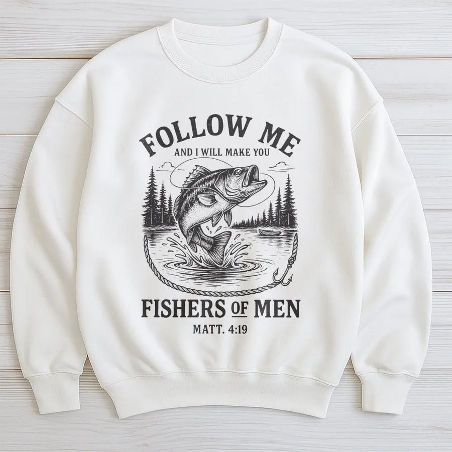 Fishers Of Men Sweatshirt | Matthew 4:19 Bible Verse Graphic | Premium Cotton Blend | Christian Fishing Gift For Men And Women