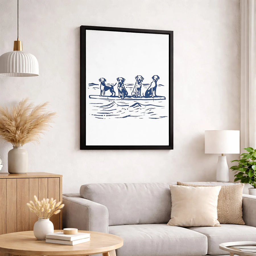 Dog Surfboard Wall Art | Linocut Style Beach Graphic Print | 1.25 Inch Premium Canvas | Unique Gift For Dog Lovers And Surfers