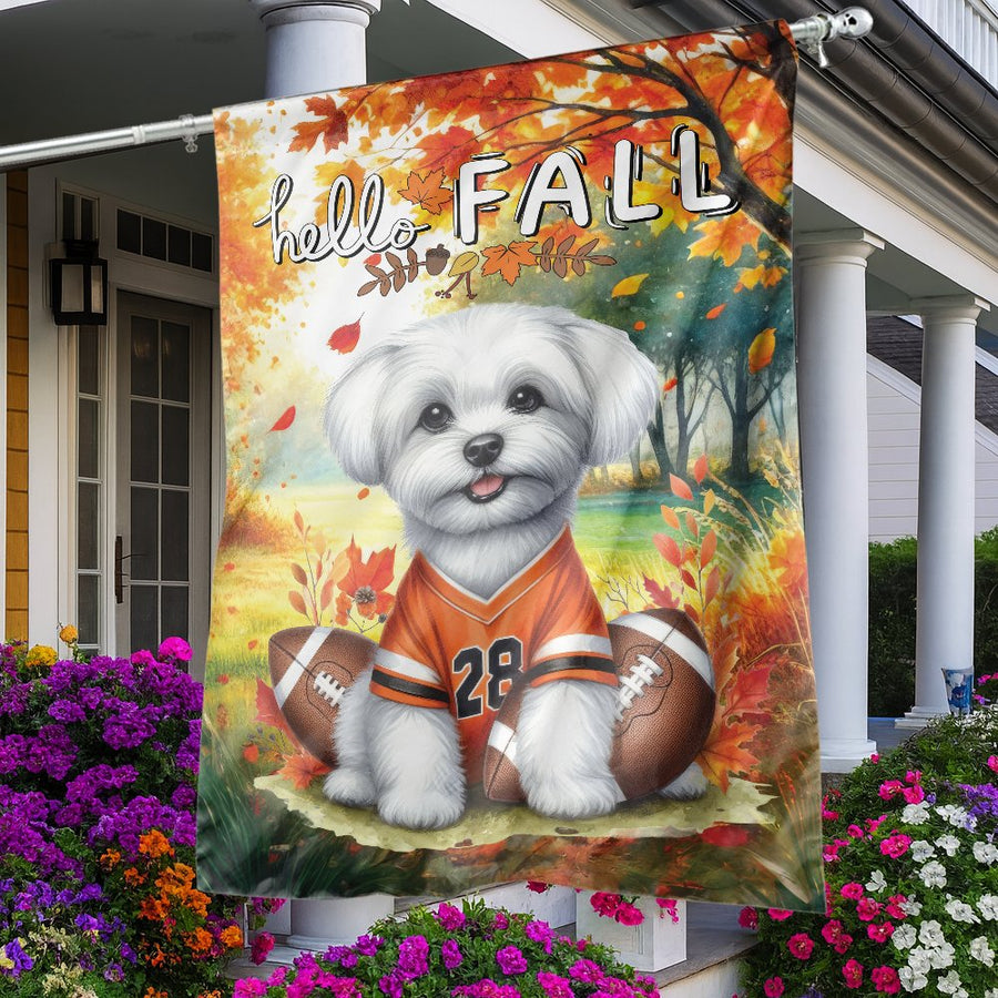 Maltese Garden Flag | Hello Fall Football Design | Weather-Resistant Premium Polyester | Autumn Decor Gift for Dog Lovers