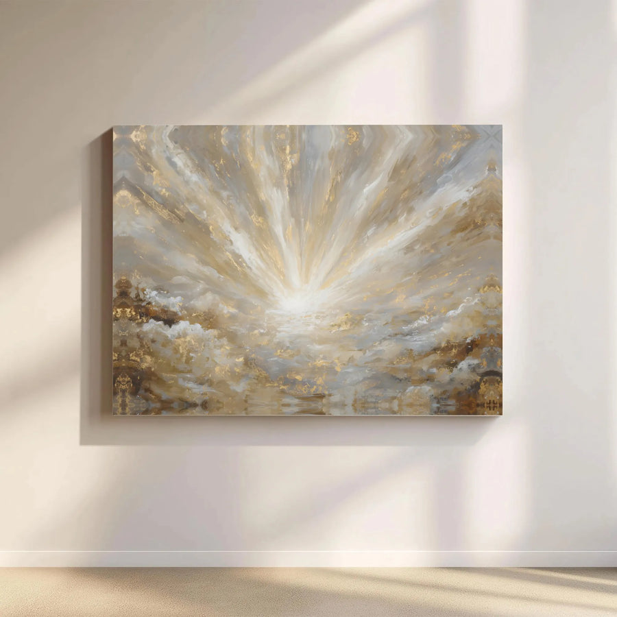 Abstract Gold Leaf Wall Art | Radiant Sunburst Clouds Canvas Print | Premium Gallery Wrap Decor | Modern Living Room Home Gift