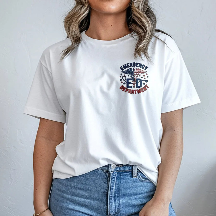 Emergency Department T-Shirt | Patriotic American Flag Caduceus Graphic | Premium Cotton Tee | Gift for ER Doctor Nurse EMT