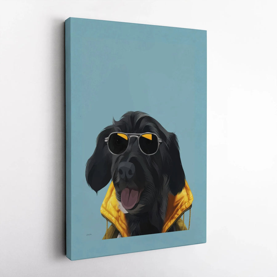Black Dog Wall Art Canvas | Trendy Dog With Sunglasses And Yellow Jacket | Premium Gallery Wrap Decor | Gift For Dog Lovers