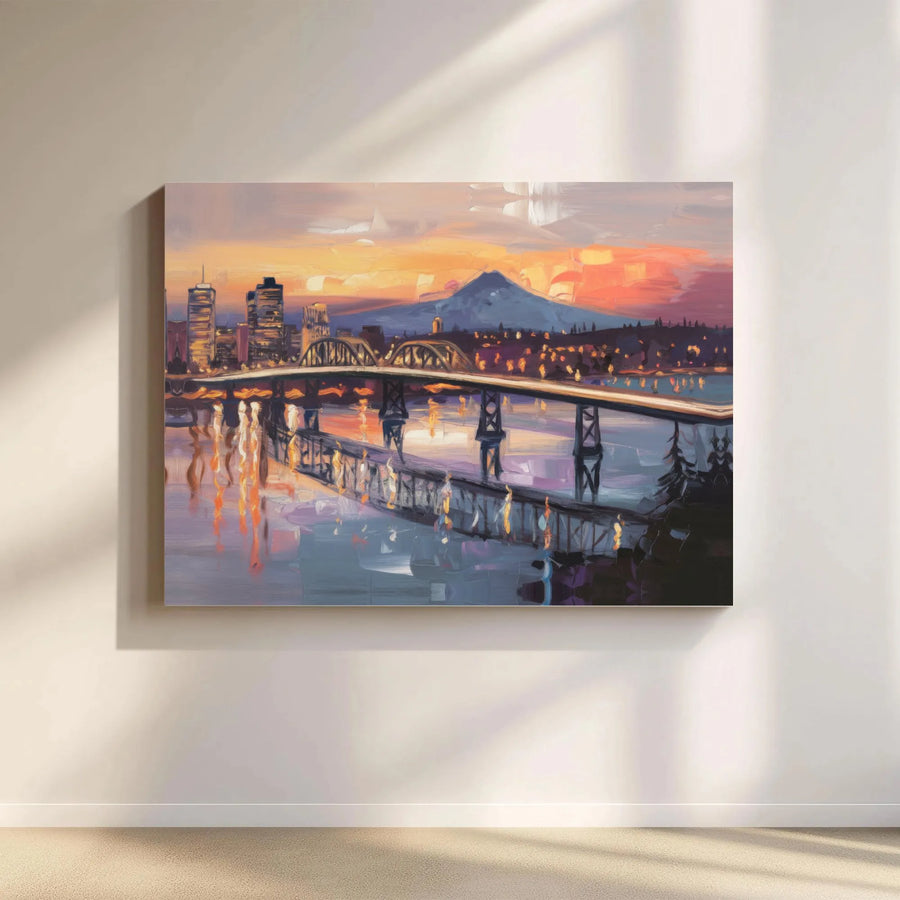 Portland Oregon Cityscape Canvas | Impressionist Mt Hood Sunset View | Premium Fade-Resistant Print | Pacific Northwest Wall Decor Gift